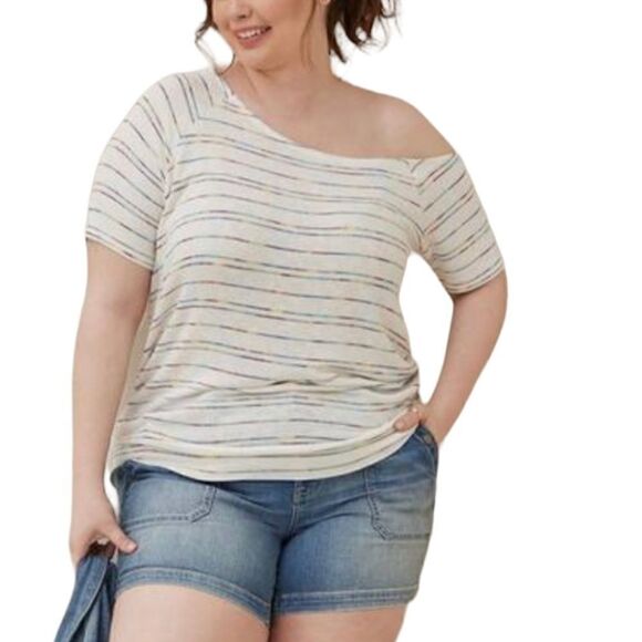 NEW Torrid Off-Shoulder Hacci Stripe Raglan Tee White multicolor Size 2X - Picture 1 of 12